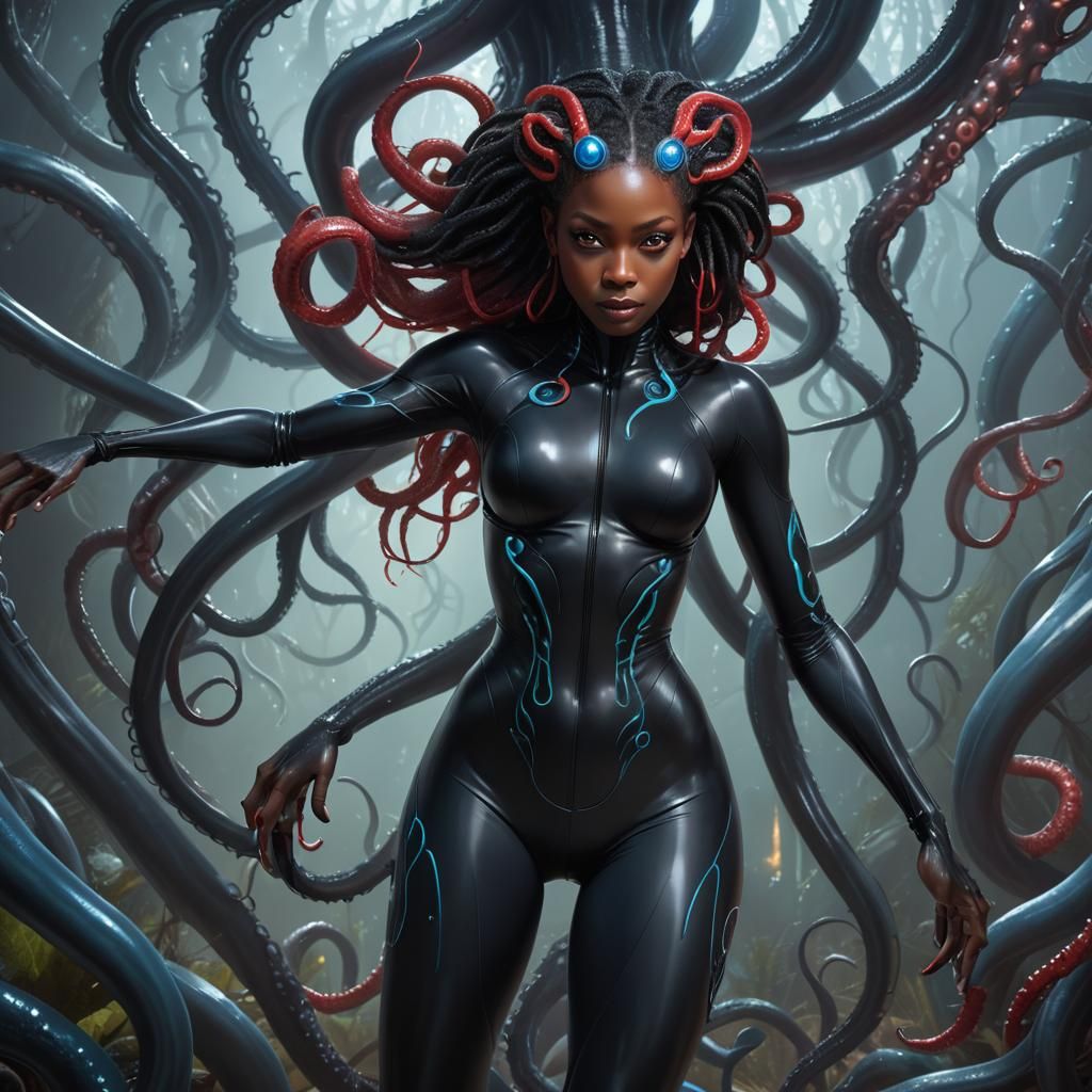 Alien Encounter: Woman and Tentacled Being on Distant Planet