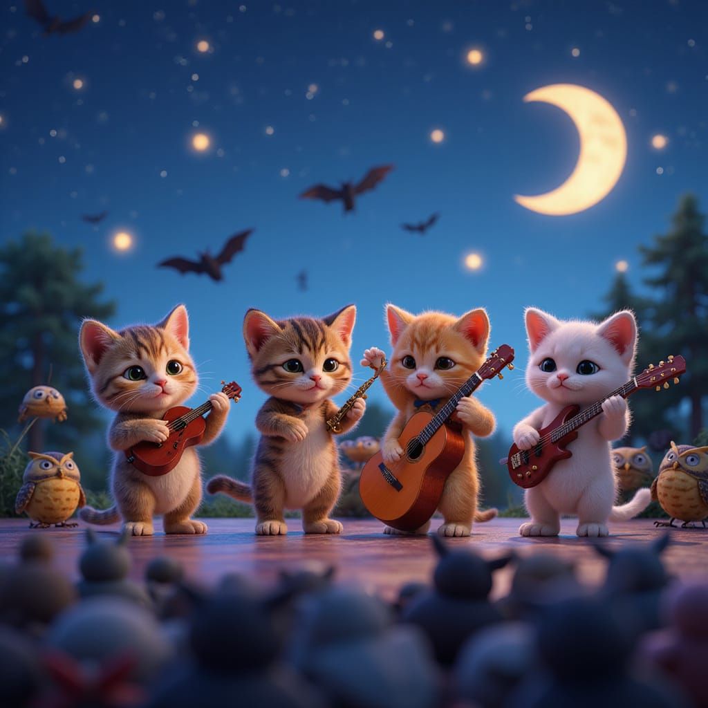 Pixar-Style Kitten Jazz Band Concert Under the Stars