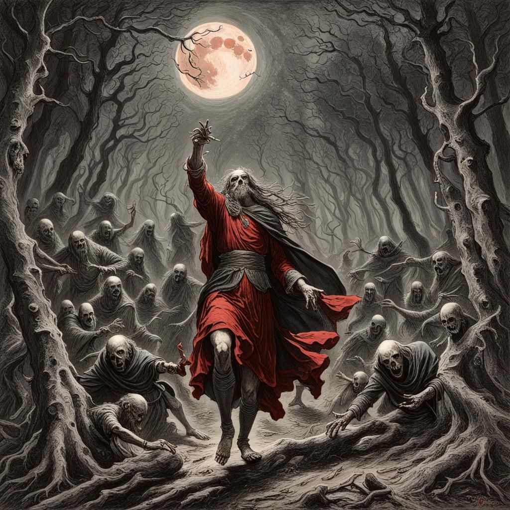 tripping out on life while dancing with fairies in a dark forest of death with blood moon in the sky portrait