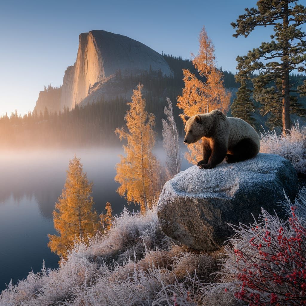 Majestic Bear on Cliff Overlooking Autumn Lake