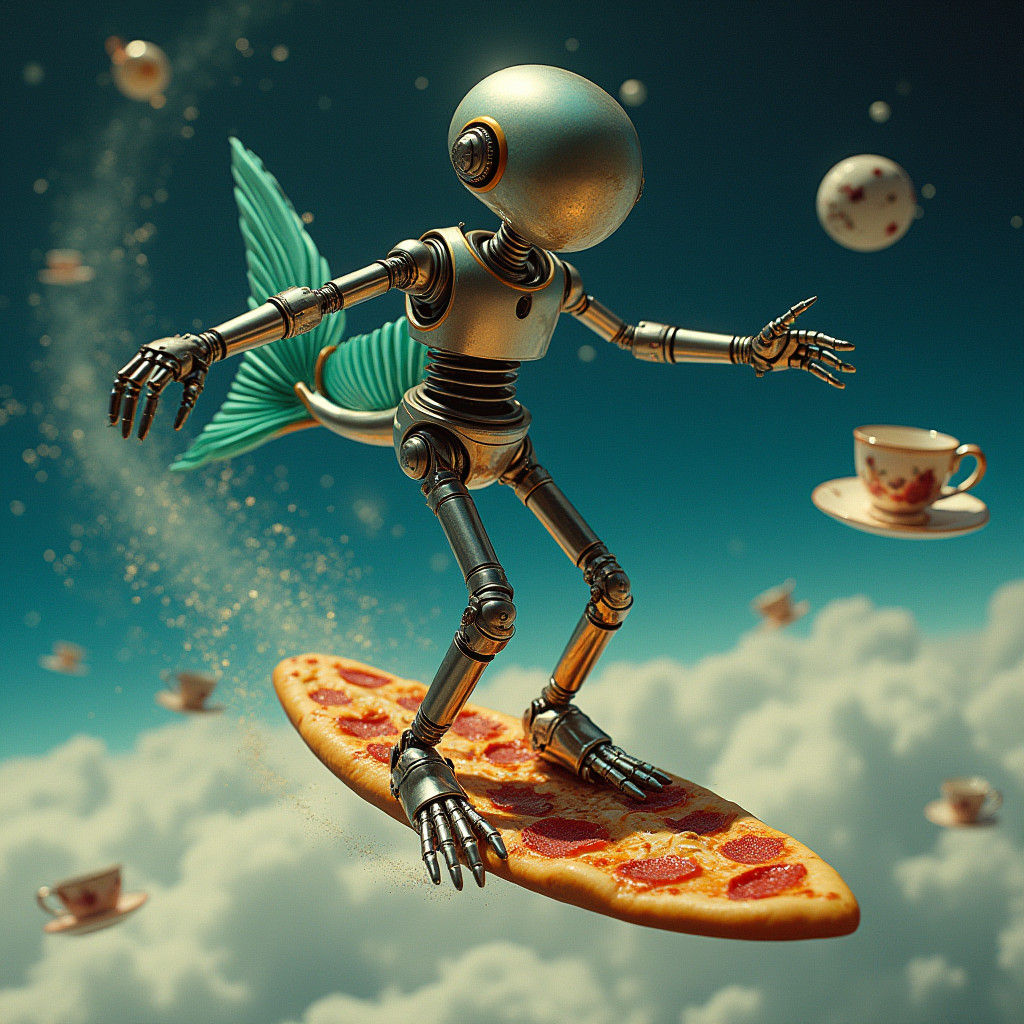 Robot Surfing Pizza Slice Through Space