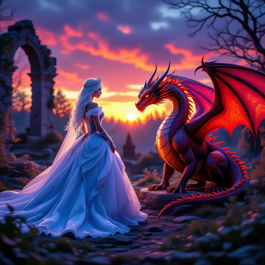 Elegant Ice Princess Meets Fiery Dragon at Dusk