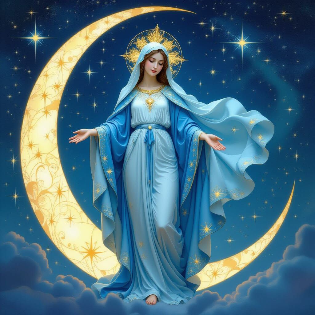 Holy Mary in Starry Galaxy, Art Nouveau Style