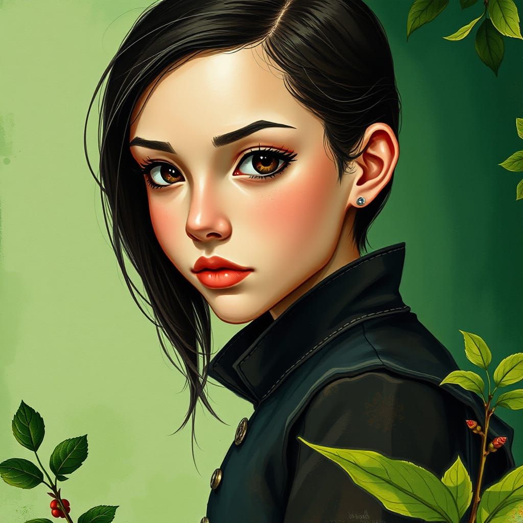 Young Girl in Leather Outfit Stands in Whimsical Acrylic Pai...