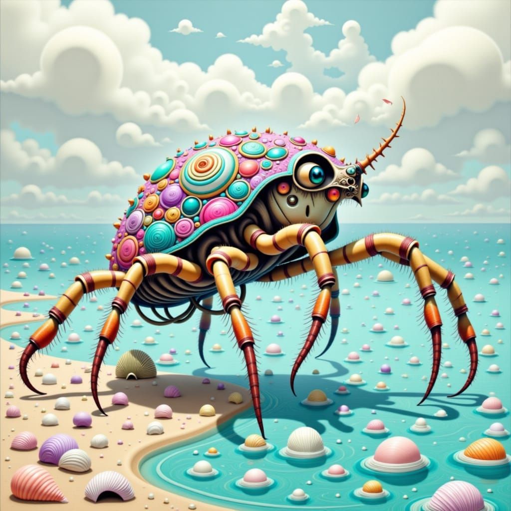 Psychedelic Hermit Crab in Skull Shell on Beach