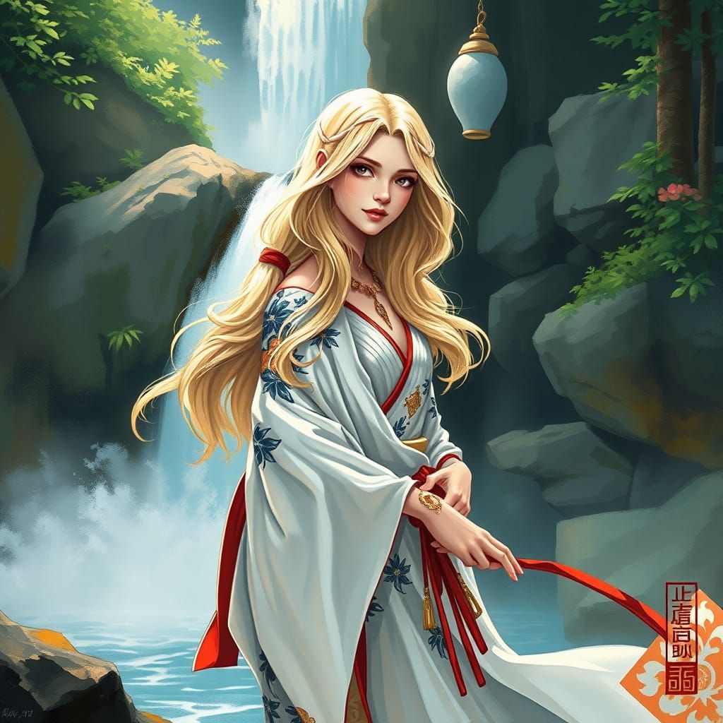 Ethereal Sumi-e Portrait of a Blonde Maiden