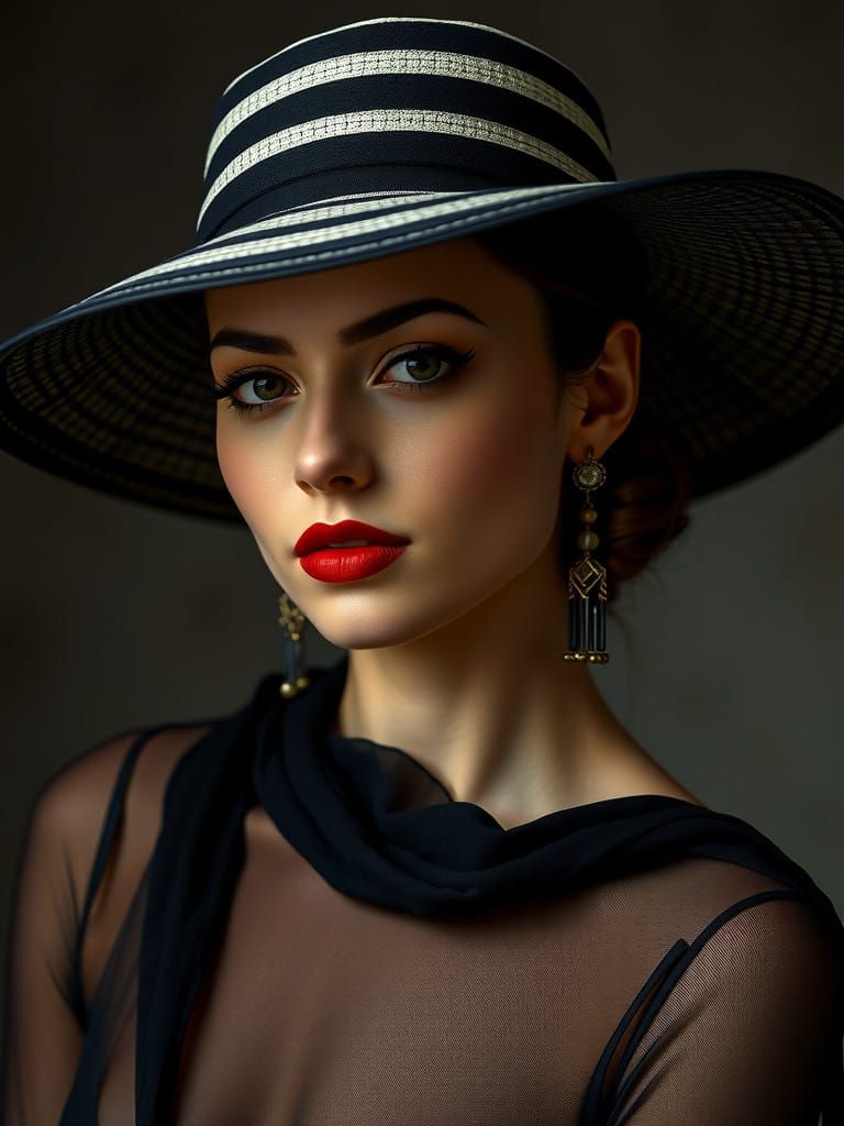 Elegant Woman in Art Deco Style Wide-Brimmed Hat