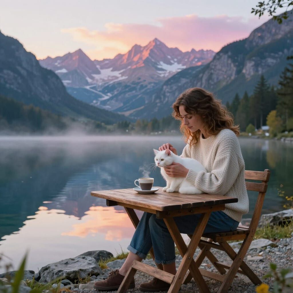 Woman Petting Cat by Mountain Lake at Sunrise