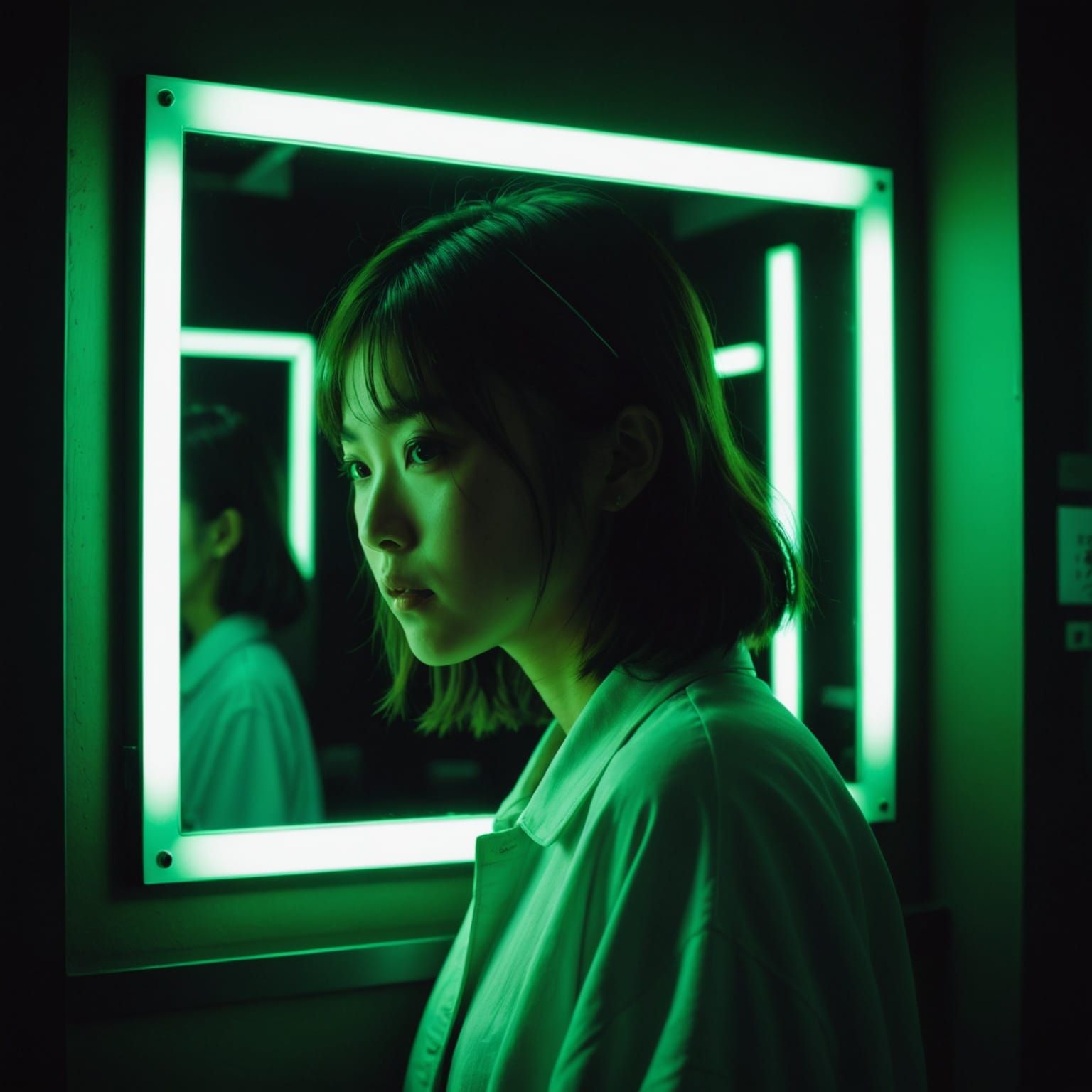 Neon Mirror: Japanese Girl in Cyberpunk Lighting