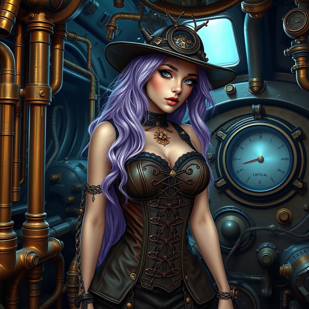 Steampunk Witch in Nuclear Submarine Control Room