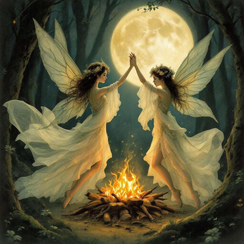 Fairies Dancing in Moonlit Forest, Art Nouveau Style