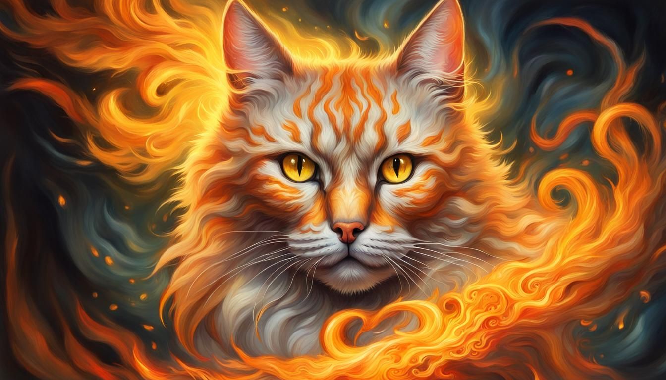 Fantasy Fire Cat Portrait in Ornate Watercolor Style