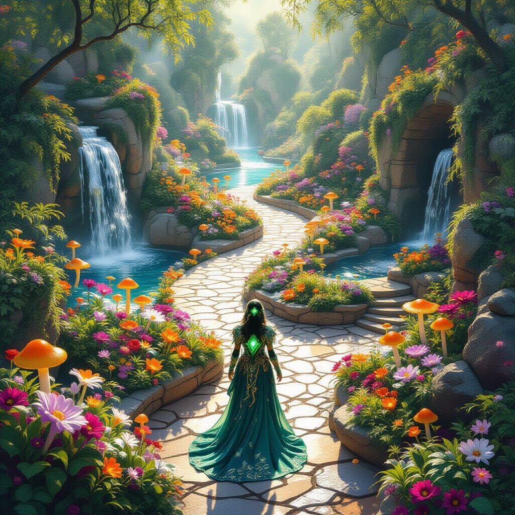 Drone view. imagine a sprawling, crystal-encrusted garden viewed from high above, its flowers shimmering with iridescent...