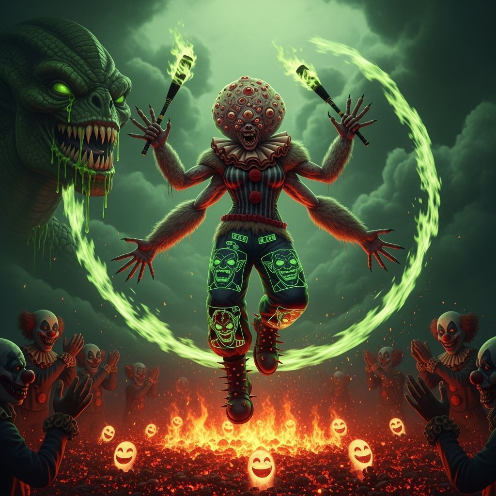 Mutant Humanoid and Werewolf Clown in Eerie Scene