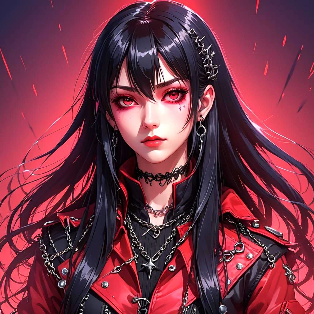 Anime Goth Girl with Red Eyes and Spiked Accessories