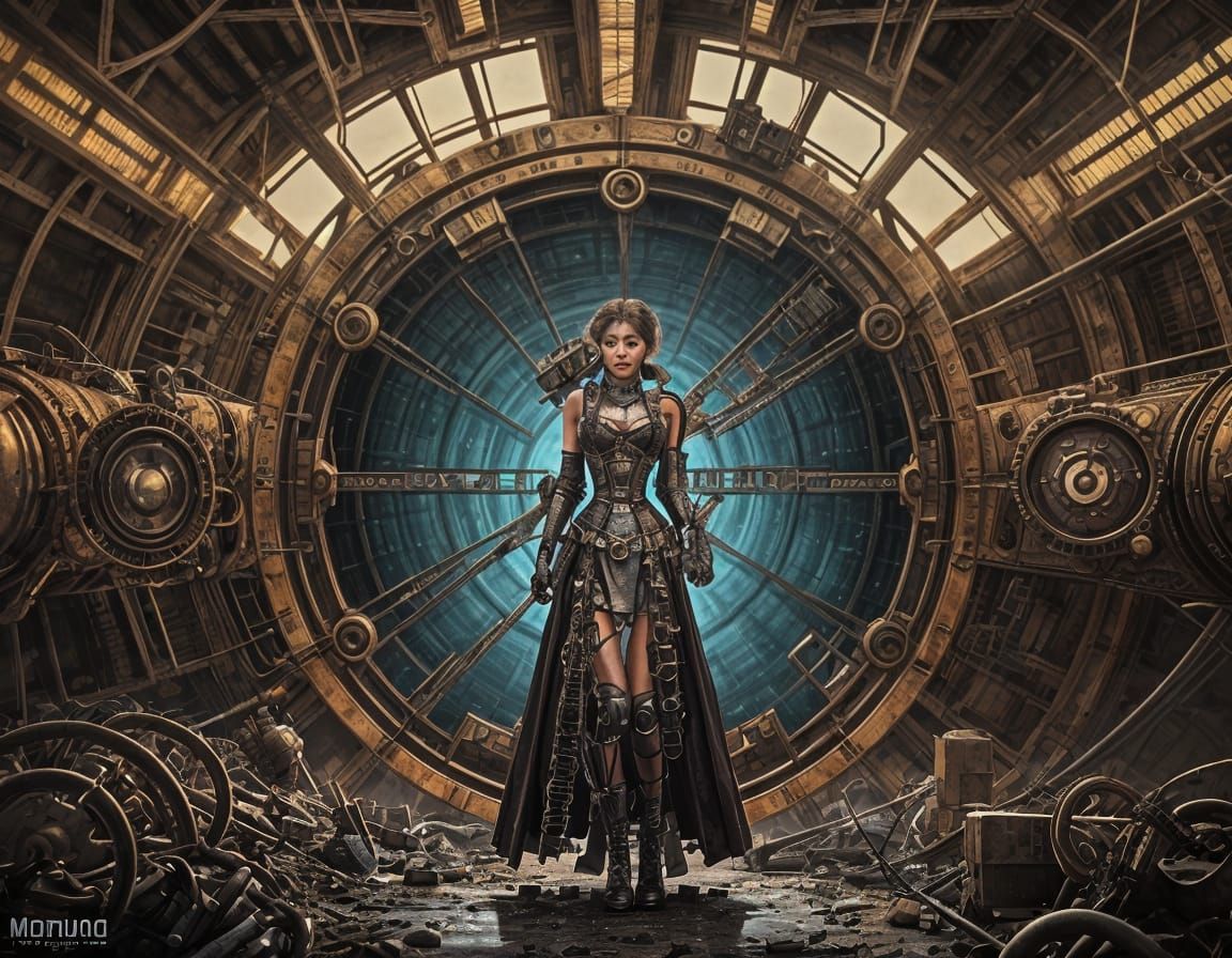 Natural evil dieselpunk . Woman wandering among the rubble in the desert. Amazingly detailed and symmetrical 4k images. ...