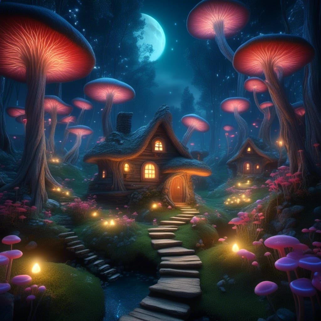 Enchanted Forest: Stump Houses Under a Starry Night
