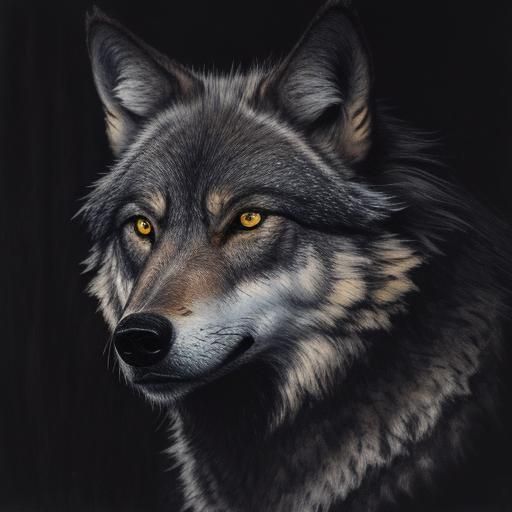 Charcoal Wolf Portrait in Dark Forest