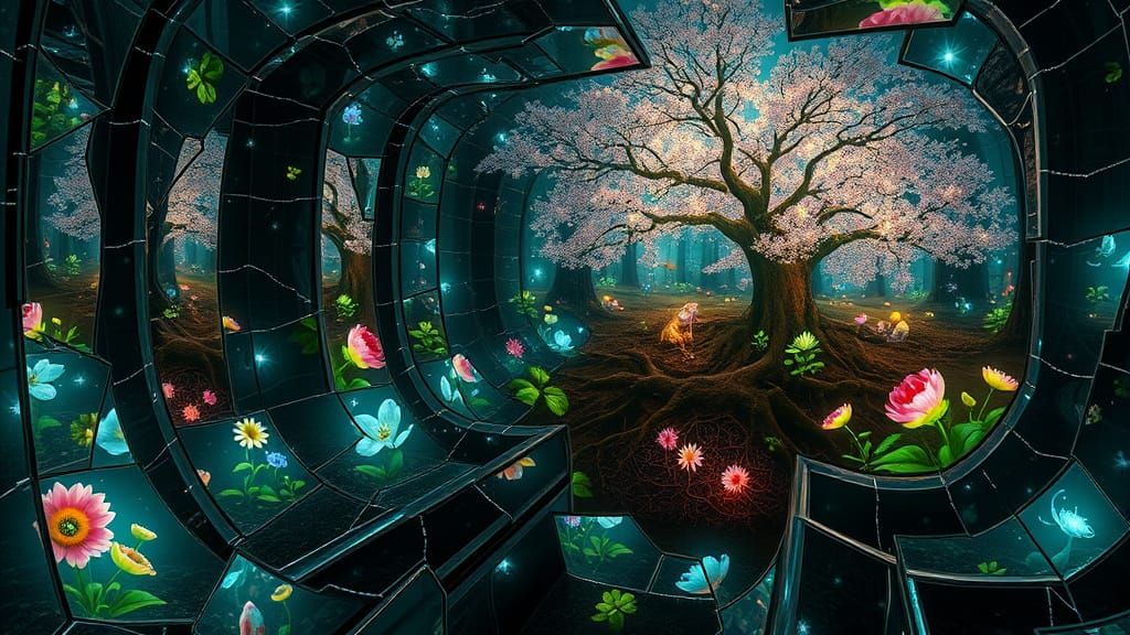 Dreamlike Labyrinth in Cracked Mirrors, Bioluminescent Plant...