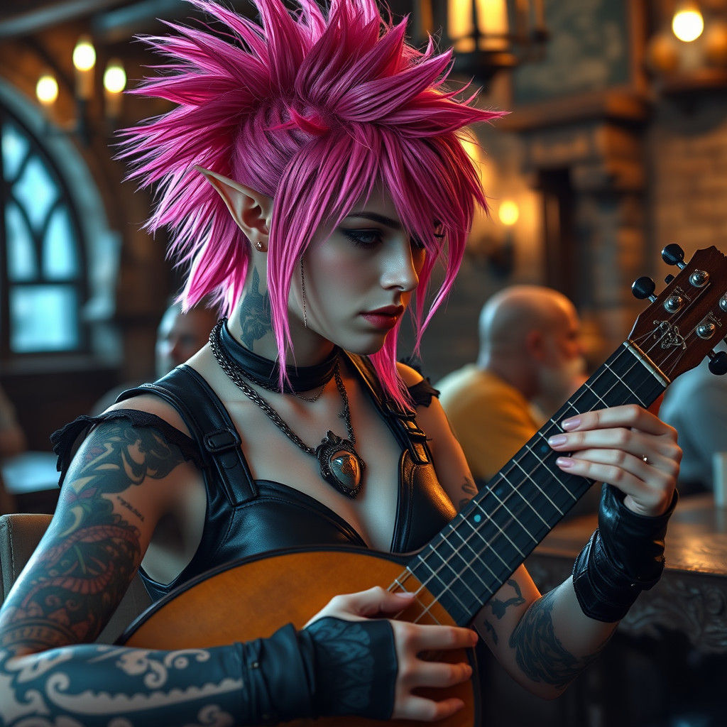 Punk Elf Maiden Plays Lute in Tavern