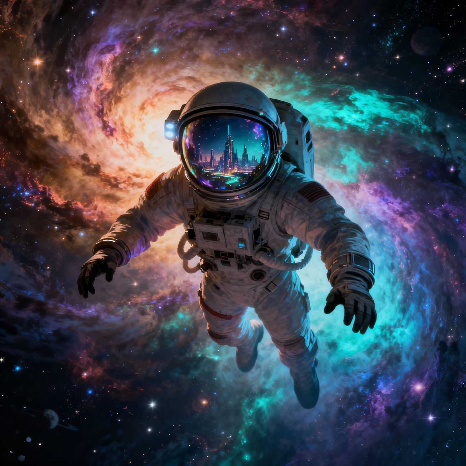 Astronaut in Nebula Reflecting Alien Cityscape