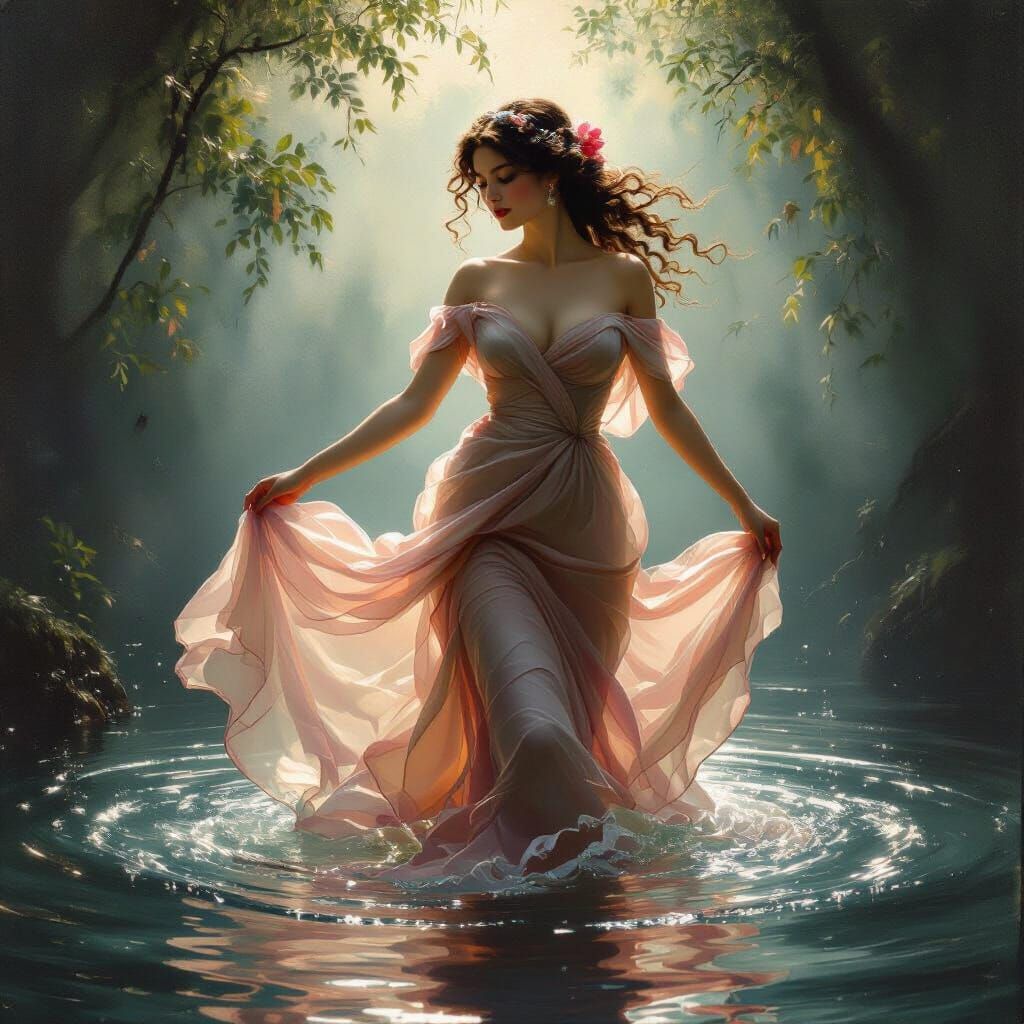 Nymph in Water: Rococo Style Oil Painting