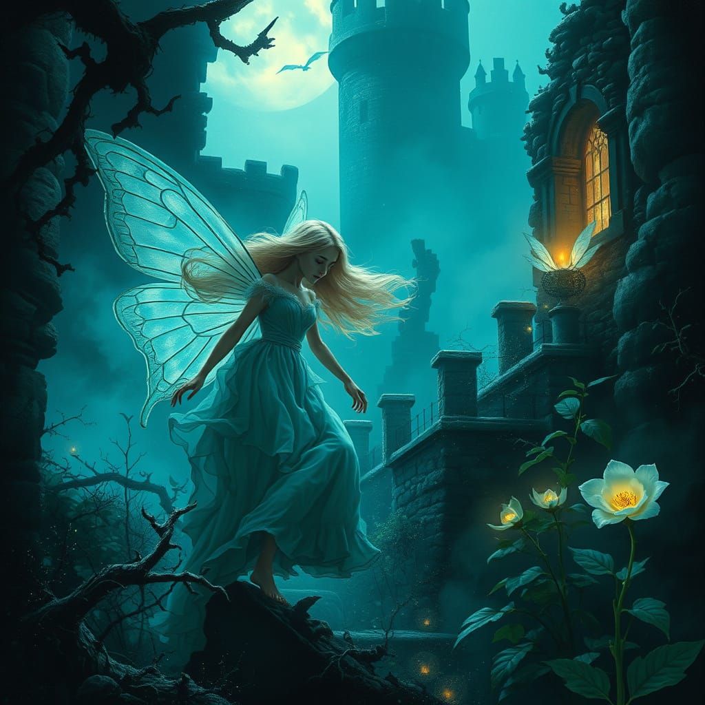 Ethereal Princess Flees Haunted Castle in Moonlit Garden