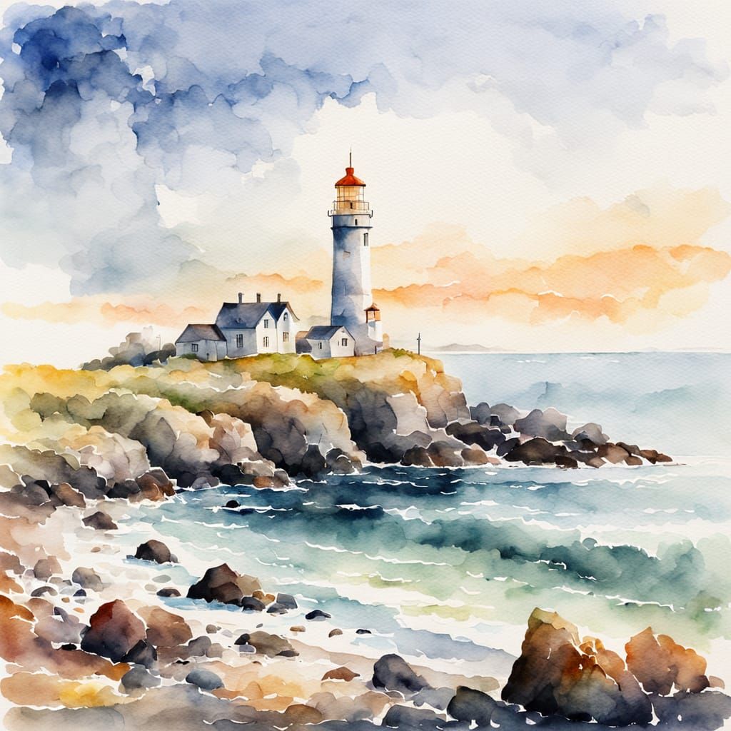 Watercolor Lighthouse on Rocky Coast in Golden Light