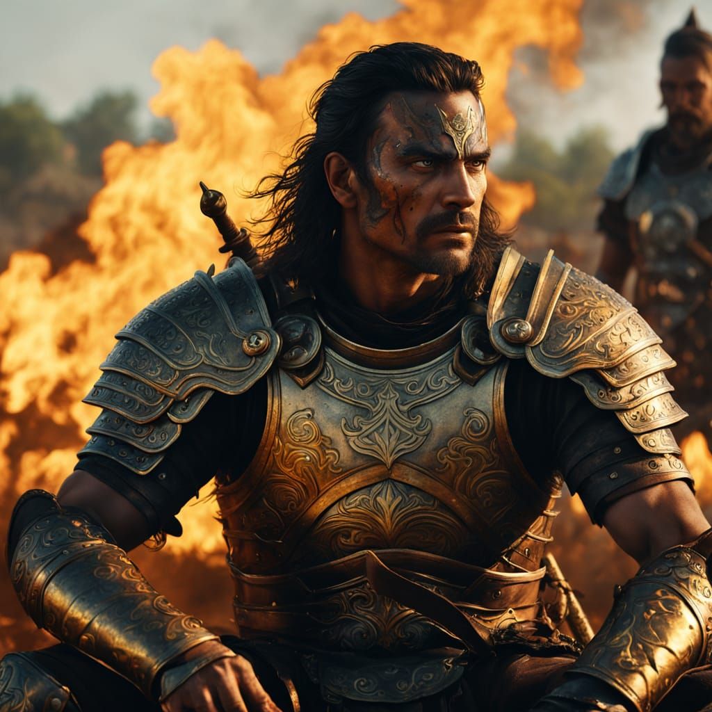 Ancient Mythological Warrior in Battlefield - Digital Art