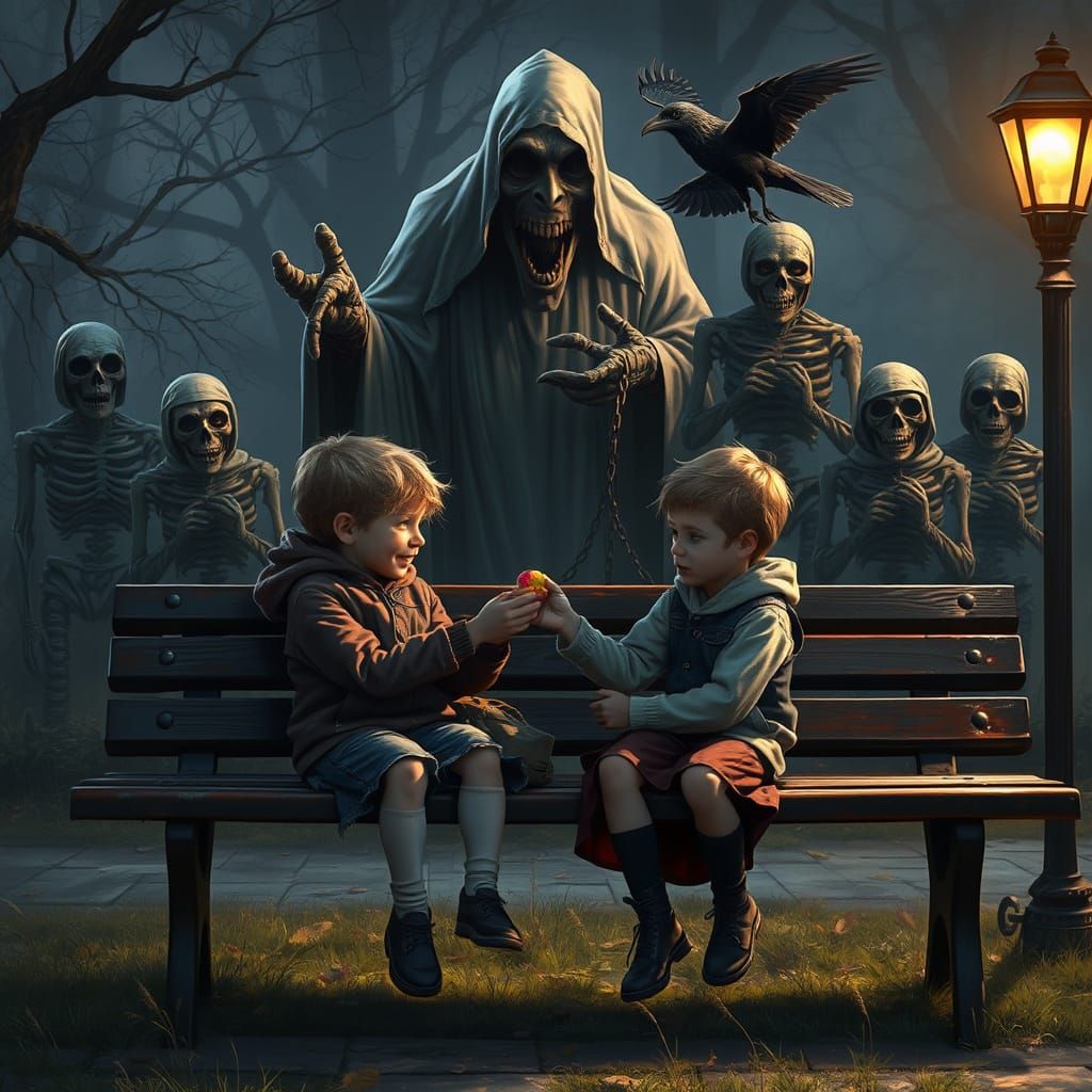 Sinister Park Scene: Children, Ghost, and Mummies