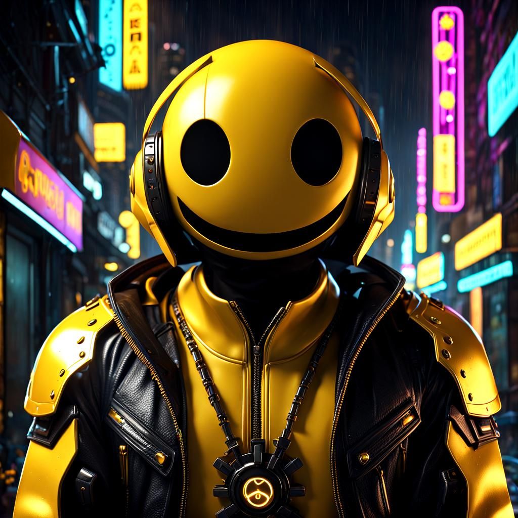 Cybernetic Emoji Assassin in Dystopian City