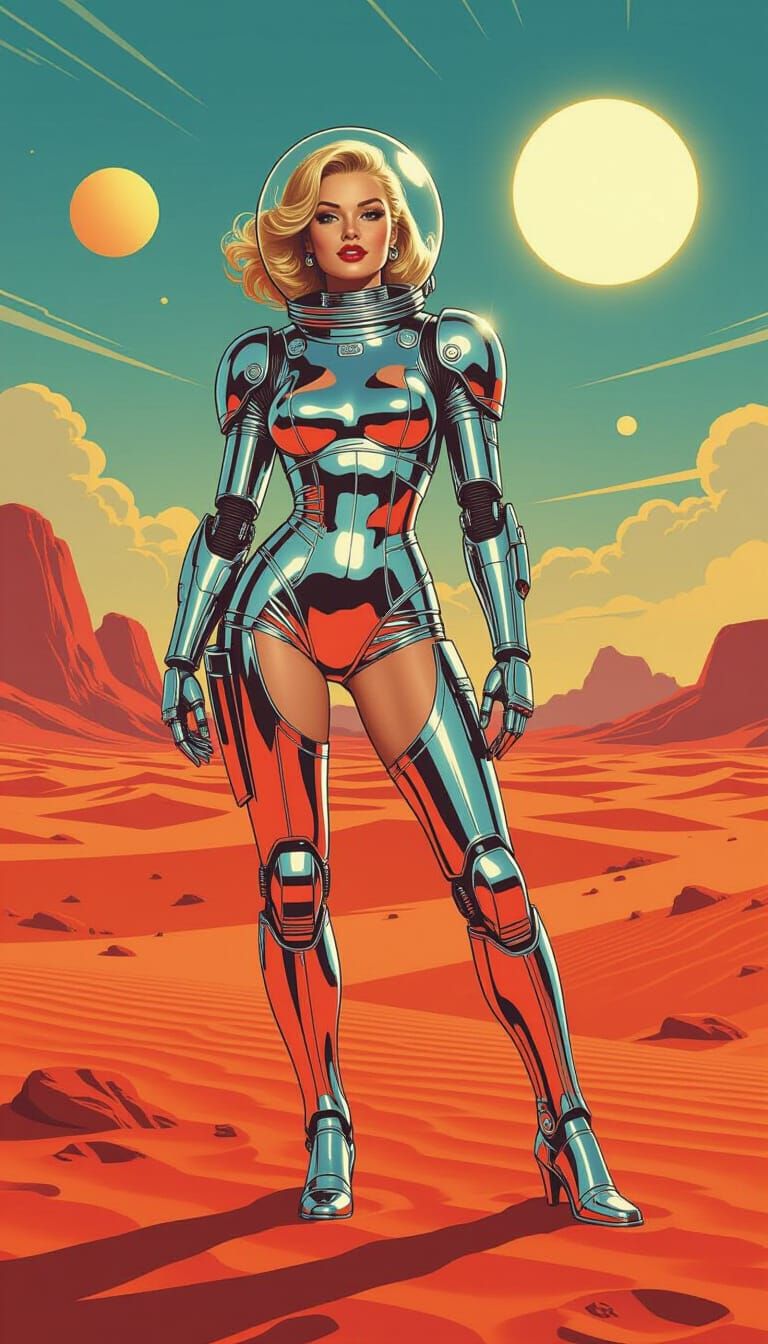 Retro Pin-Up Girl on Alien Planet in Silver Spacesuit