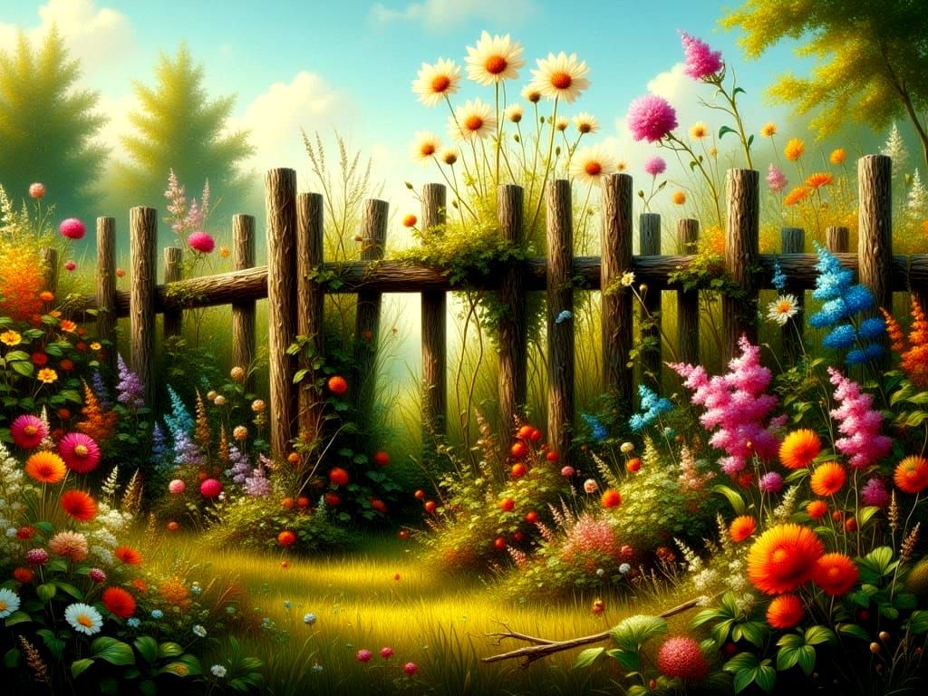 Rustic Wooden Fence in Vibrant Wildflower Landscape