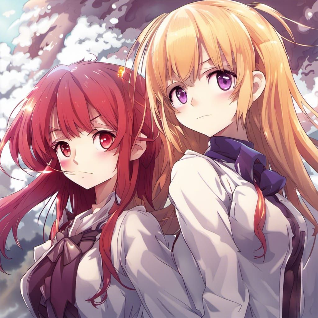 Anime Style: Redhead and Blonde Girl with Purple Eyes
