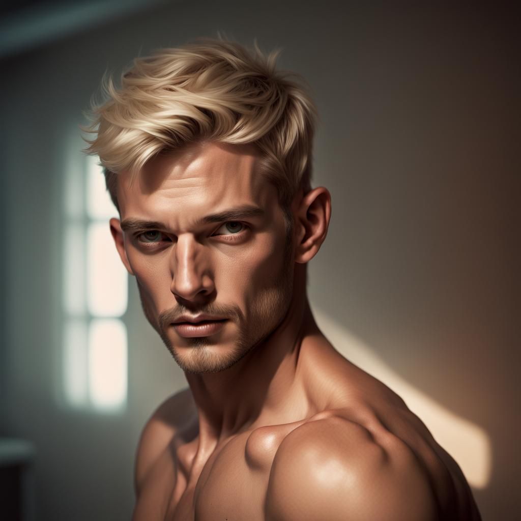 Hot Male Model with Blonde Flattop in Moody Lighting