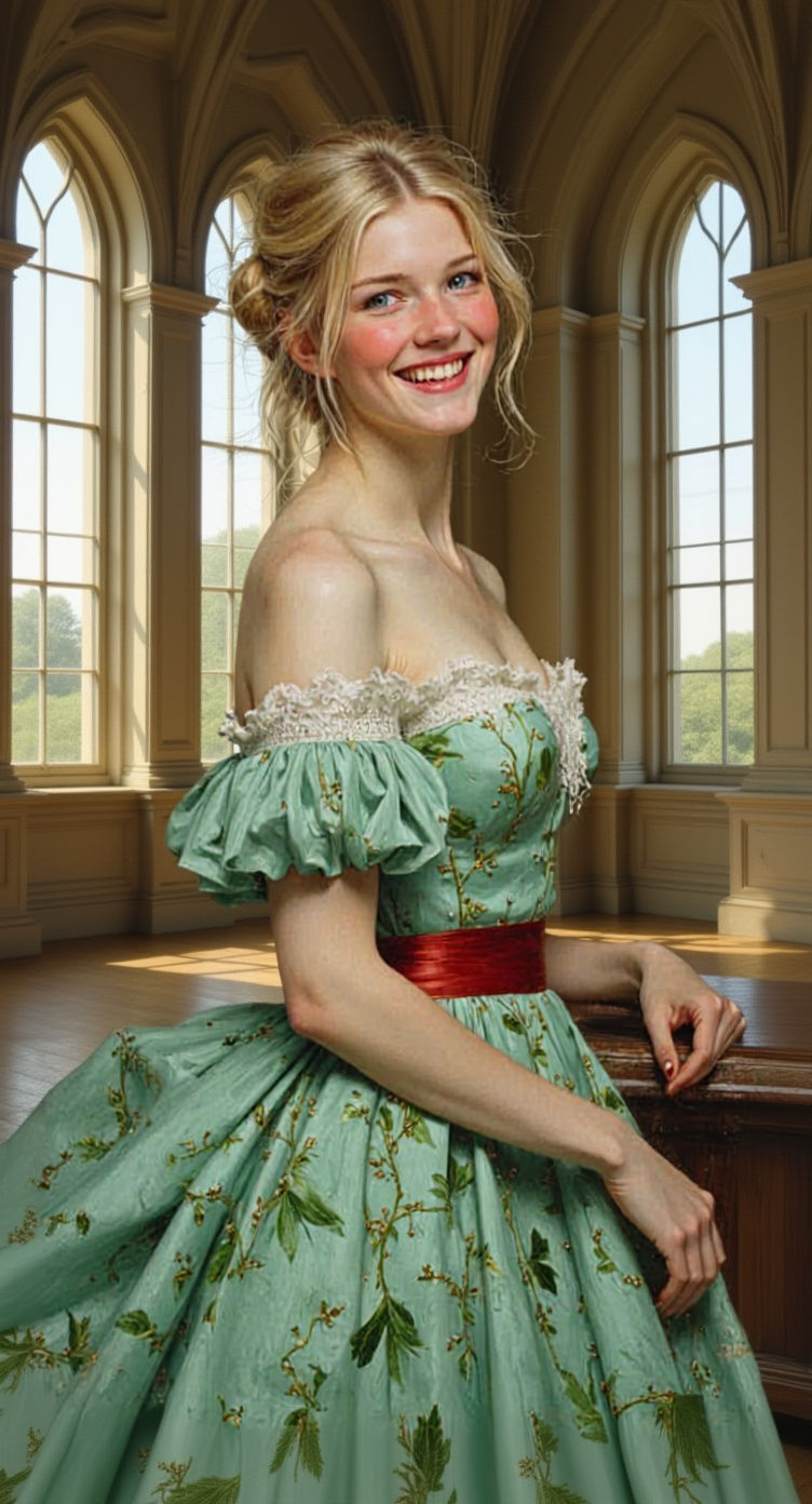 Woman in Green Dress with Vine Design