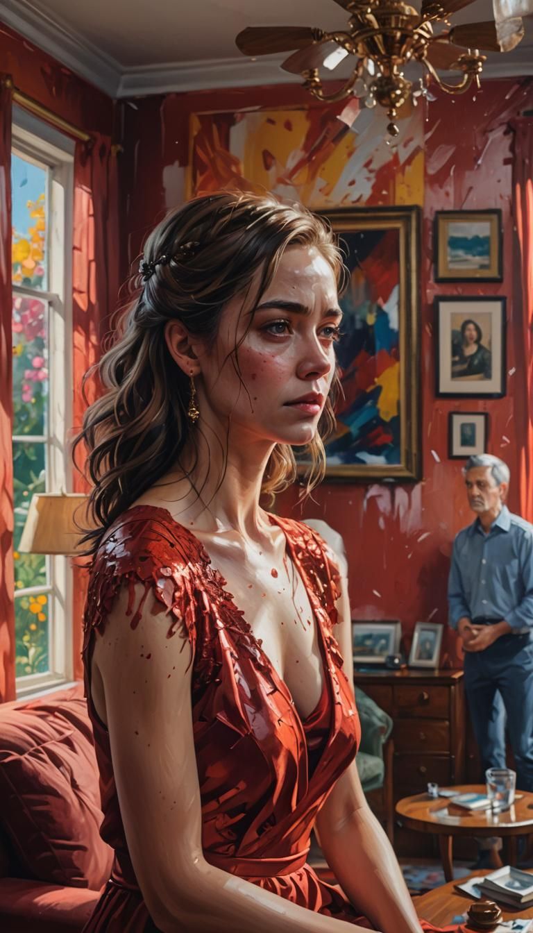 Sad Woman in Red Dress: Hyperrealistic Splash Art