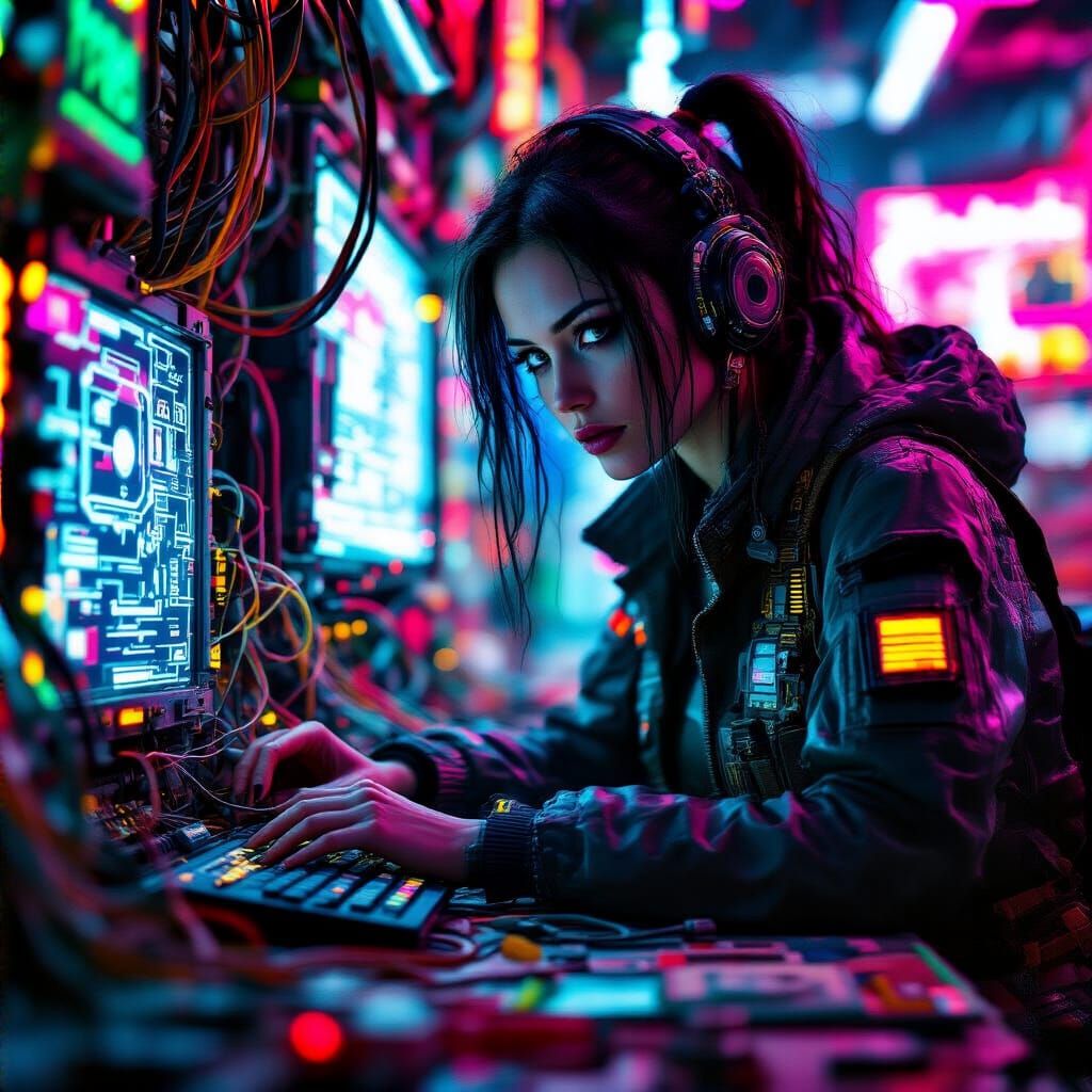 Cyberpunk Technician in Neon-Lit Workshop