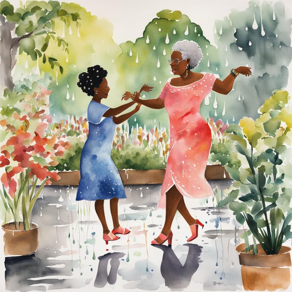 Watercolor of Grandmother and Granddaughter Dancing in Rain