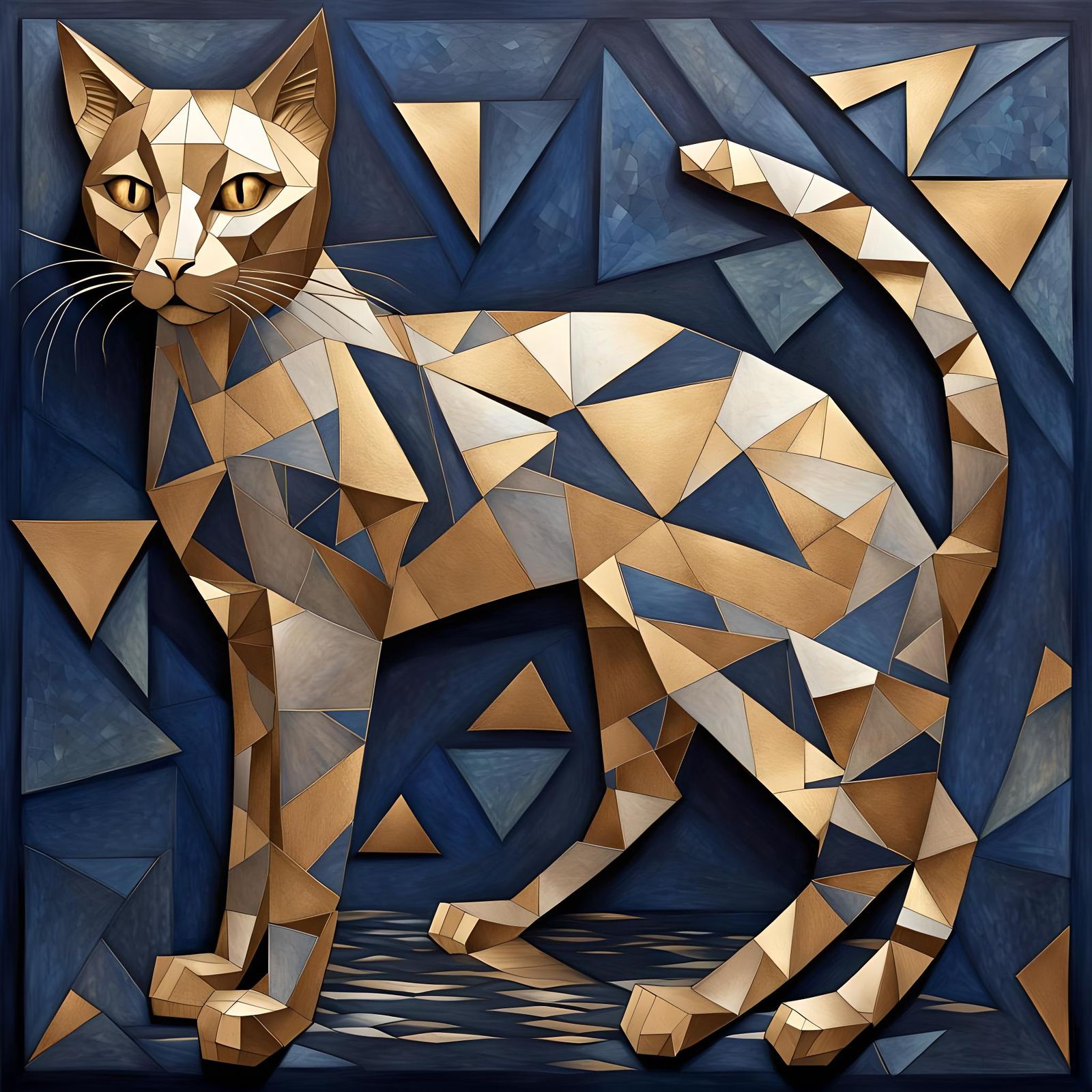 Elegant Cat in Cubist Style with Metallic Elements