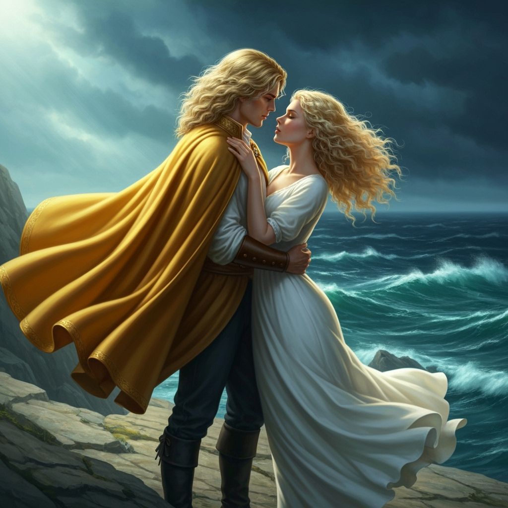 Couple Embracing on Windswept Cliff Overlooking Stormy Sea