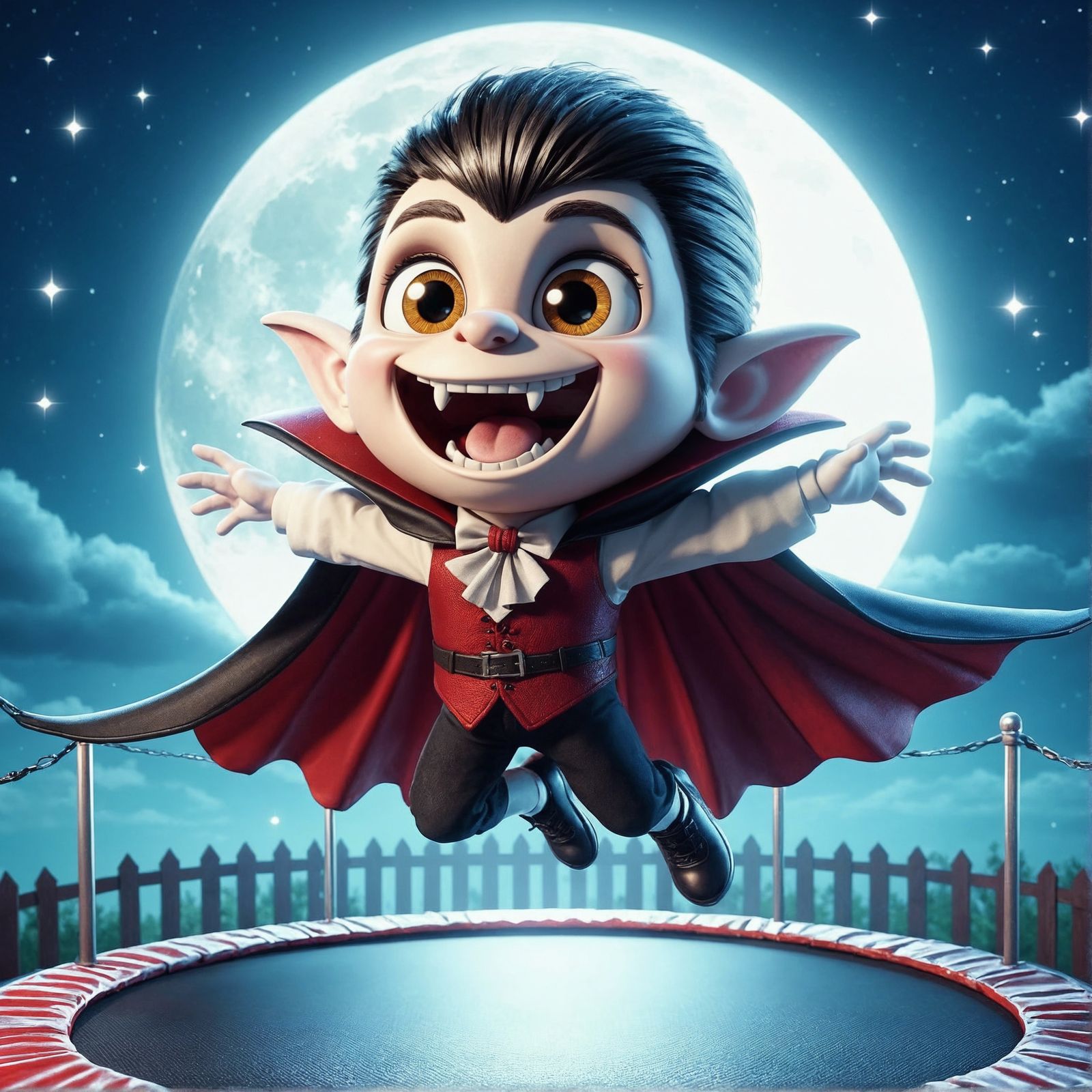 Cheerful Cartoon Vampire Bouncing on Trampoline