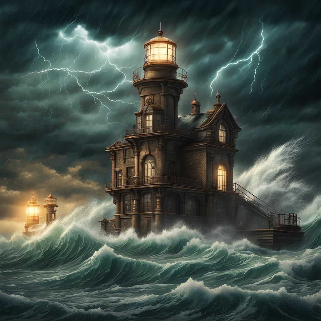 Steampunk Lighthouse in Stormy Art Nouveau Style