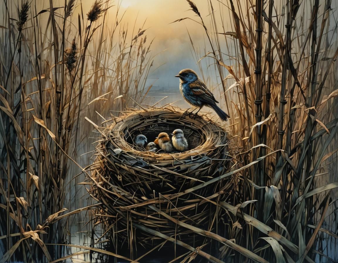 Bird in Reeds: Detailed Fantasy Illustration