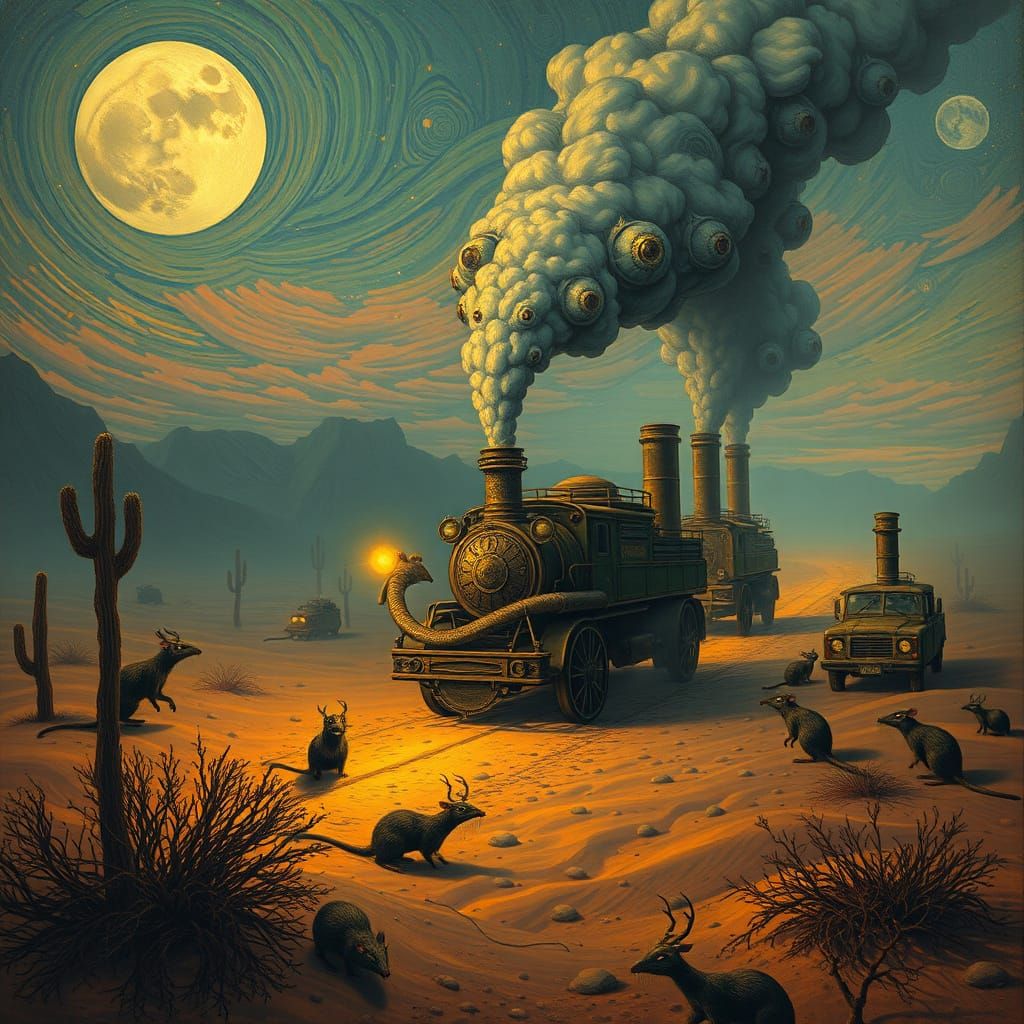 Steaming Rodents Traverse Surreal Desert Landscape