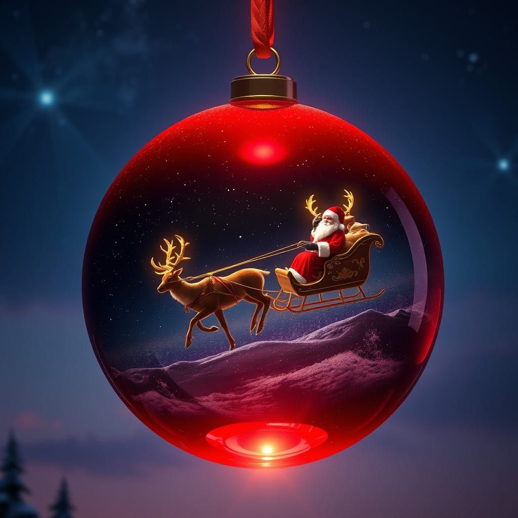 Glowing Crimson Orb Reflects Santa's Midnight Sleigh Ride