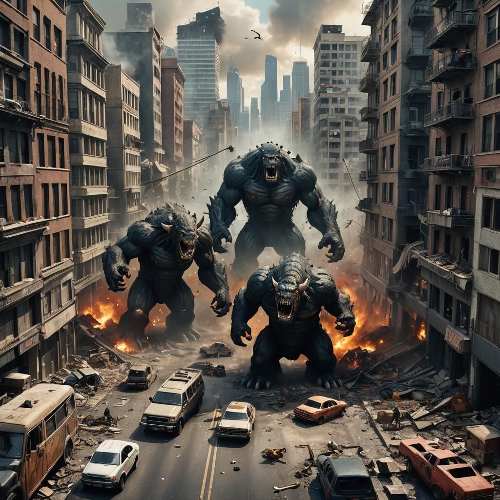 Giant Monsters Clash in City Center: Fantasy Art