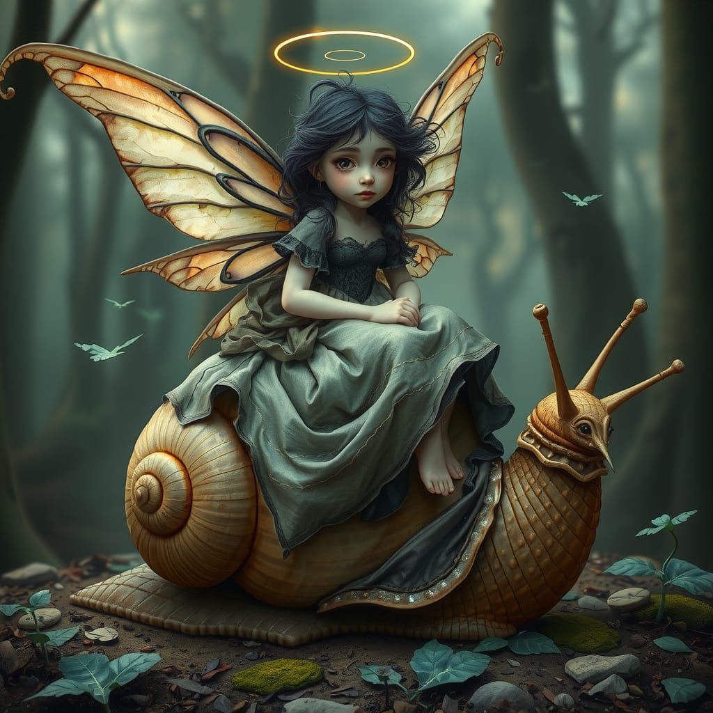 Whimsical Fairy Sits Upon a Sluggish Snail in a Dreamy Fores...