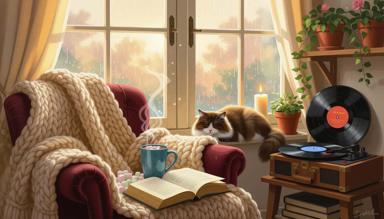 Cozy Indoor Scene in Golden Morning Light with Gentle Rain