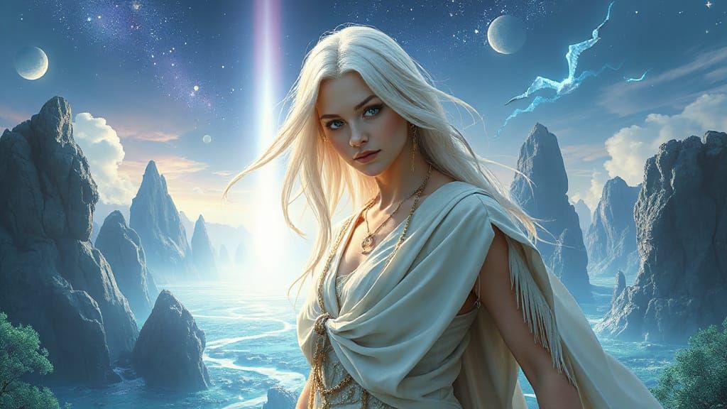 Heroic White-Haired Woman in Ethereal Landscape